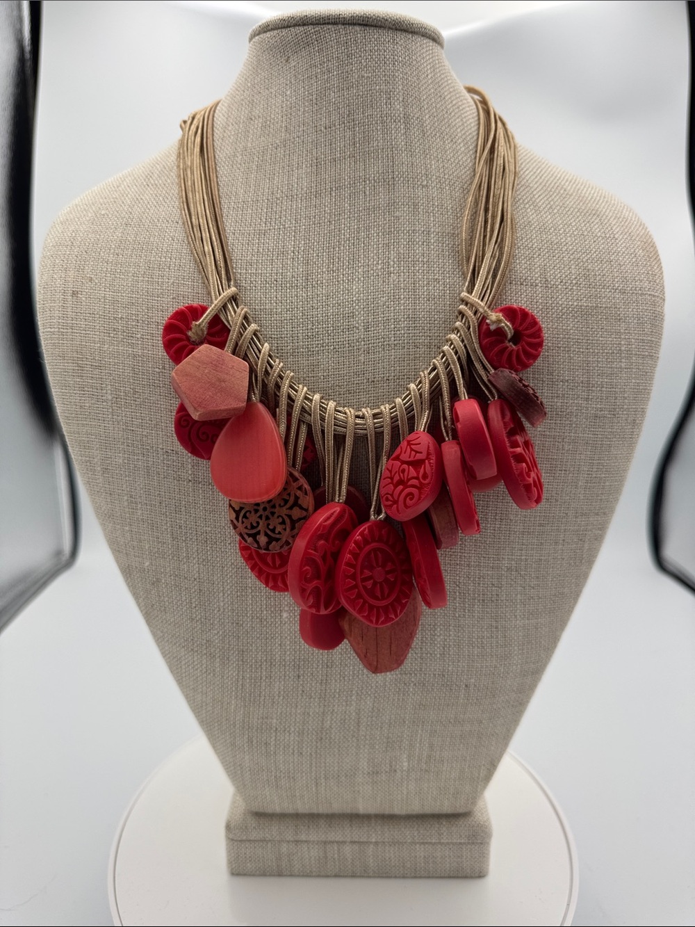 Chico's Red Multi-Disc Layered Cord Necklace with Tan Cords